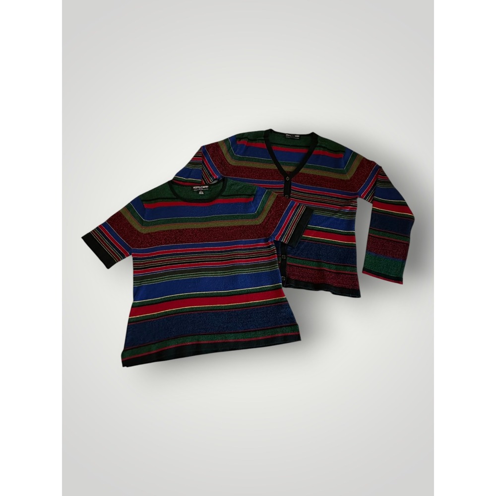 Vintage Kasper & Company Cardigan Set Womens‎ L Multicolor Stripe Knit 2pc